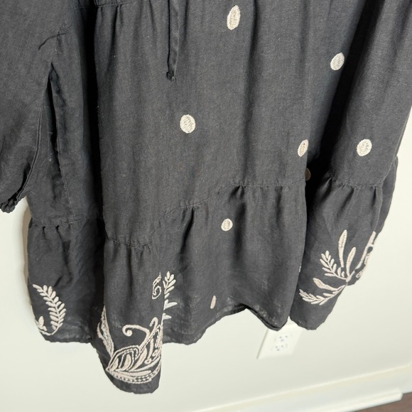 Johnny Was Black Linen Embroidered Frankie Tiered Field Dress Bird Boho Large - Picture 10 of 15